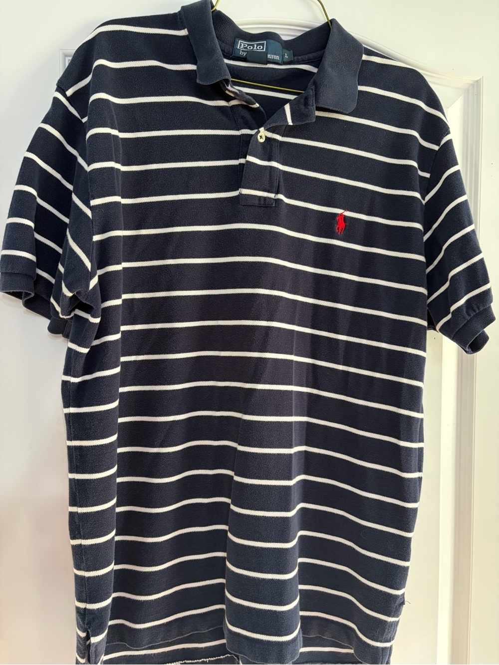 Ralph Lauren Navy Polo with White Stripes and Red Logo